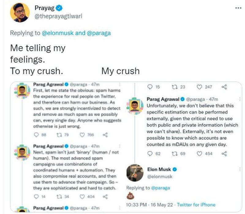 Elon Musk responds to CEO Parag Agrawal Twitter thread with a poop emoji mnj 