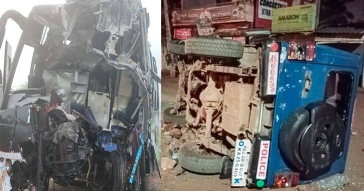 சரக்கு லாரியும்-தனியார் பேருந்தும் நேருக்கு நேர் மோதி விபத்து..! 9 பேர் துடி துடித்து பலி