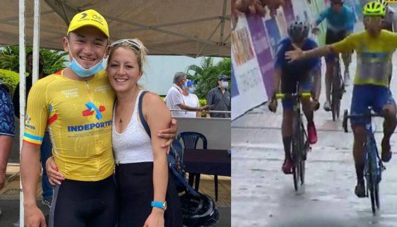 Cyclist lost control smashes his wife after the  victory