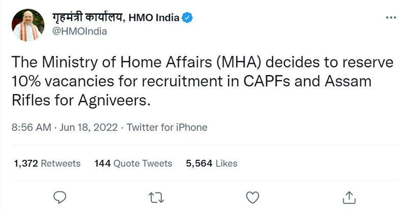 Reserve 10 percent vacancies for recruitment in CAPFs and Assam Rifles for Agniveer MHA Tweet BDD