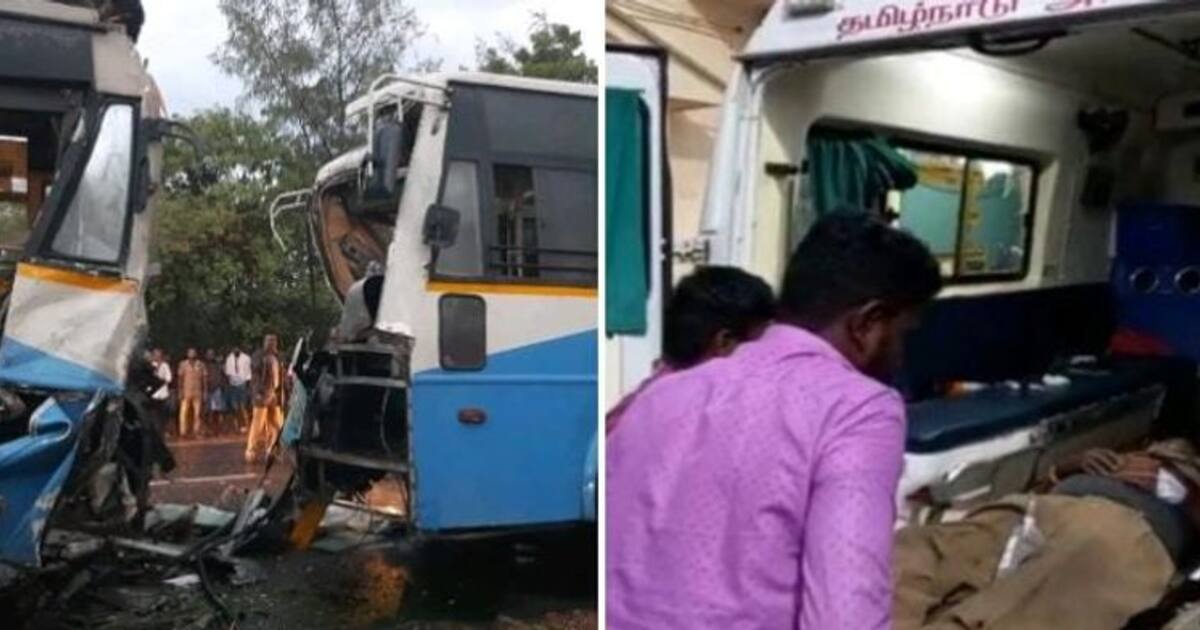 தாறுமாறாக ஓடி நேருக்கு நேர் மோதிய அரசு பேருந்துகள்..! விபத்தில் சிக்கிய 45 பயணிகளின் கதி என்ன ?