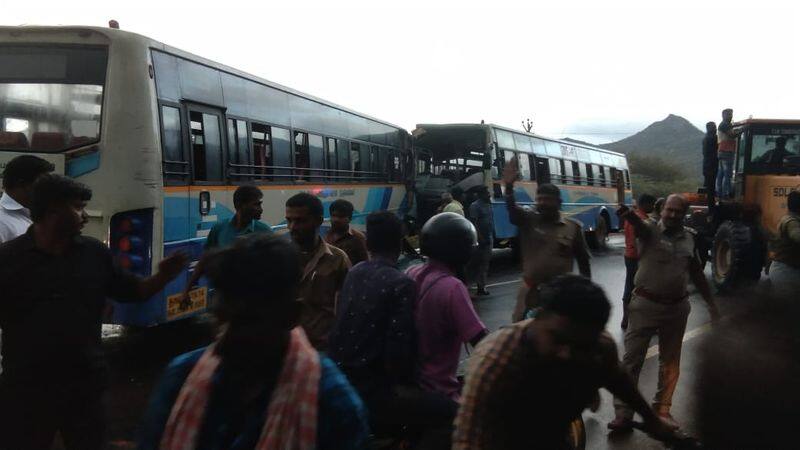 At least 43 people have been injured in a head on collision with a government bus in Theni