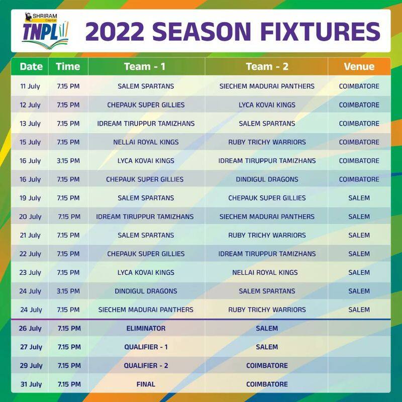 tnpl 2022 schedule time table teams and live telecast details