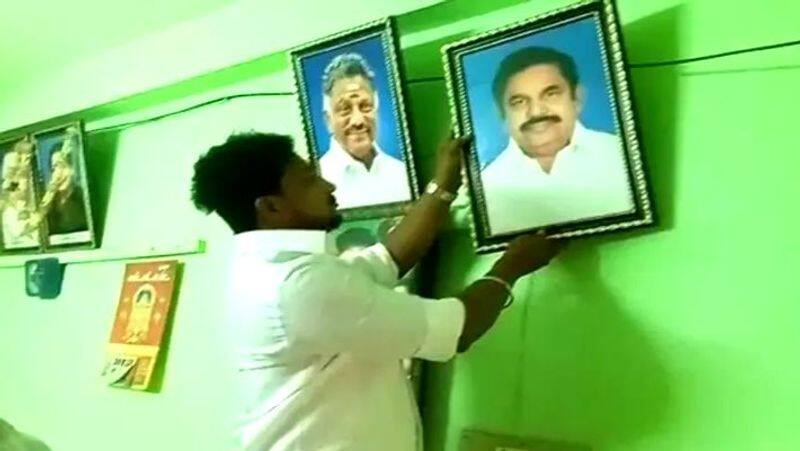 Edappadi palanisamy photo thrown from AIADMK office at theni ops supporters outraged