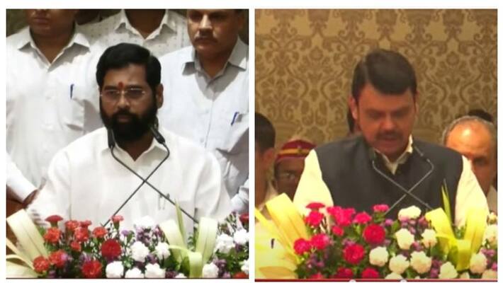 eknath shinde takes oath as Maharashtra cm Fadnavis deputy cam bsm eknath shinde takes oath as Maharashtra cm Fadnavis deputy cam bsm