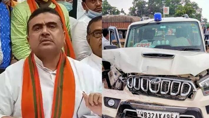 BJP leader Suvendu Adhikari's convoy was hit by a truck bsm BJP leader Suvendu Adhikari's convoy was hit by a truck bsm