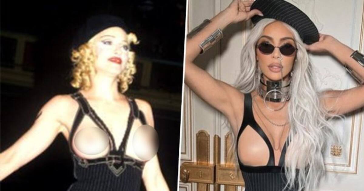 Kim Kardashian copied Madonna's scandalous breast-baring gown at Paris  Fashion Week? Pictures