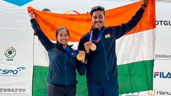 Mehuli Ghosh Tushar mane won gold in issf shooting world cup 2022 in 10m Air Rifle Mixed team event spb Mehuli Ghosh Tushar mane won gold in issf shooting world cup 2022 in 10m Air Rifle Mixed team event spb