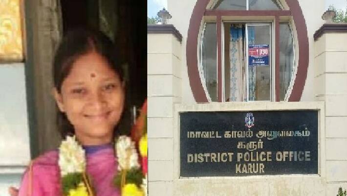 girl protested infron of karur sp office demanding to take action on his husband family girl protested infron of karur sp office demanding to take action on his husband family