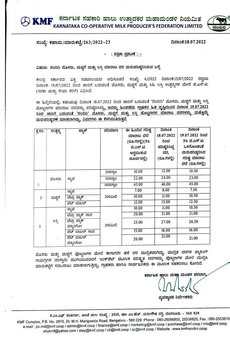 KMF revised price of milk products including curd, butter milk and lassi rbj