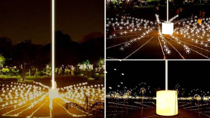 PM Modi shares photos of sky beam light 'Digital Jyot' for tribute to freedom fighters in Delhi gcw PM Modi shares photos of sky beam light 'Digital Jyot' for tribute to freedom fighters in Delhi gcw