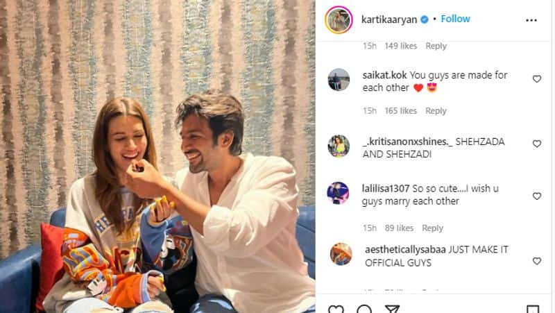 Kartik Aaryan wishesh Kriti Sanon on her birthday by sharing a picture from shehzada set AKA