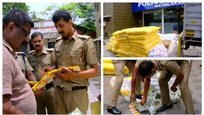 Pan masala worth Rs 50 lakh was seized from the accident vehicle in thrissur Pan masala worth Rs 50 lakh was seized from the accident vehicle in thrissur