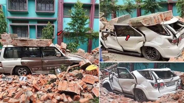 This is what happened when the brick wall falls down on the Mitsubishi Pajero and Toyota Fortuner This is what happened when the brick wall falls down on the Mitsubishi Pajero and Toyota Fortuner