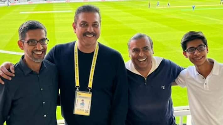Former Cricketer Ravi Shastri Watches The Hundred Cricket tournament With Sundar Pichai and Mukesh Ambani kvn Former Cricketer Ravi Shastri Watches The Hundred Cricket tournament With Sundar Pichai and Mukesh Ambani kvn