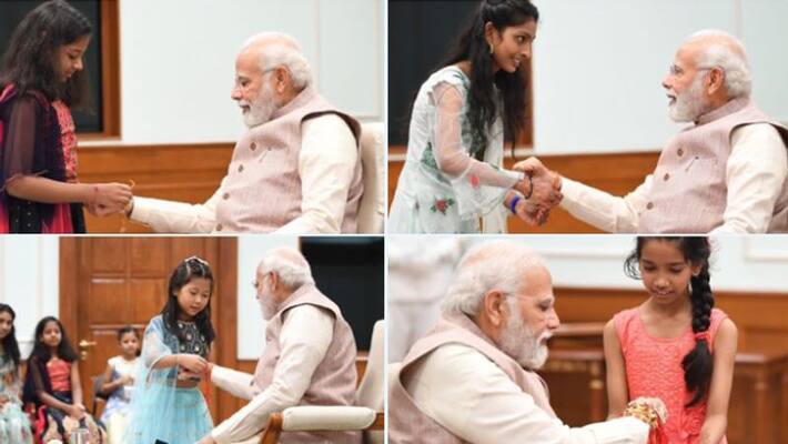 PM Modi celebrated Raksha Bandhan with with daughters of PMO staff at his residence in Delhi PM Modi celebrated Raksha Bandhan with with daughters of PMO staff at his residence in Delhi