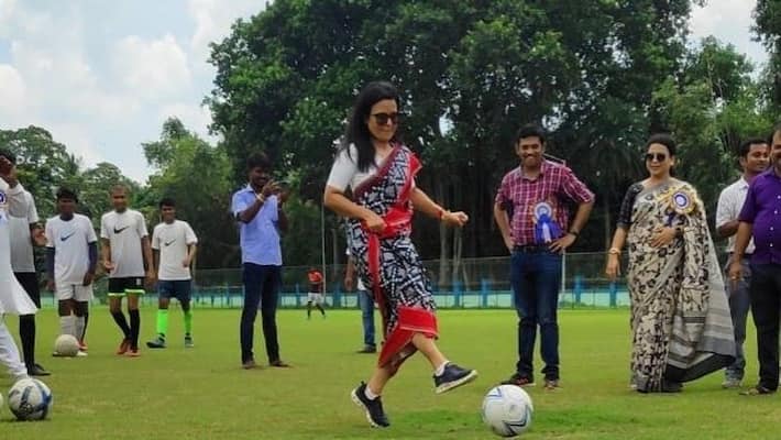 TMC MP mahua moitra kicking football on khela hobe diwas apa TMC MP mahua moitra kicking football on khela hobe diwas apa