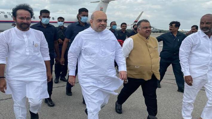Amit Shah Reaches Begumpet airport offers prayers at Secunderabad ujjaini temple Amit Shah Reaches Begumpet airport offers prayers at Secunderabad ujjaini temple
