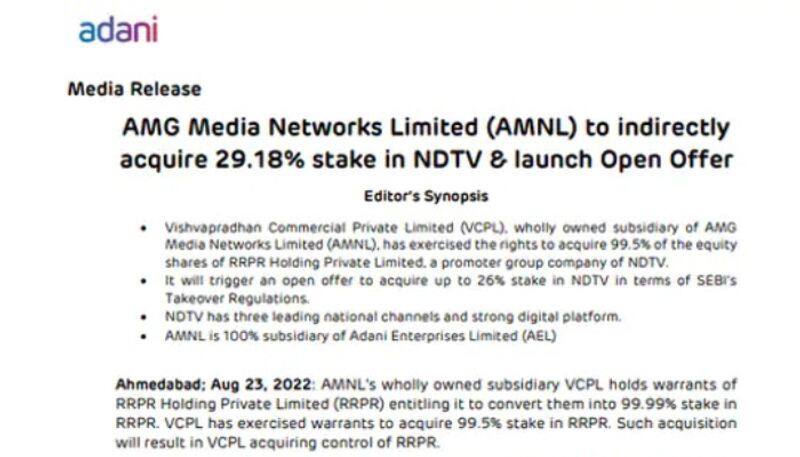 Adani Group AMG Media Network To Buy Stake In NDTV 