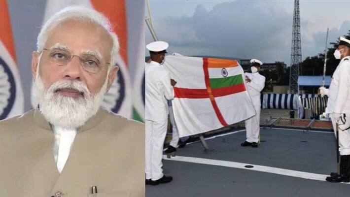 Indian Navy gets freedom from the mark of slavery, PM Modi unveils new flag bpsb Indian Navy gets freedom from the mark of slavery, PM Modi unveils new flag bpsb