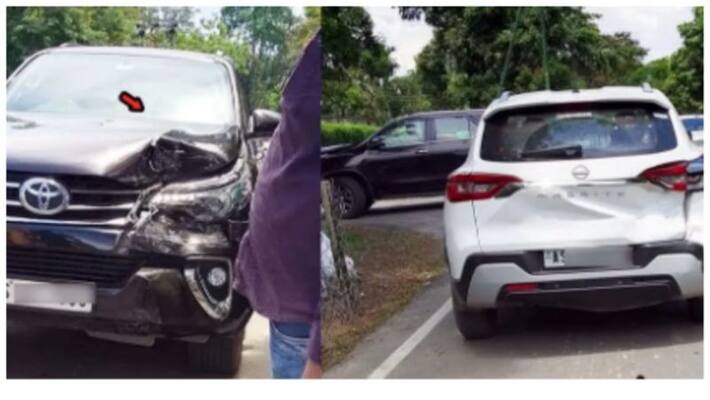This is the result of the Toyota Fortuner crashing behind the Nissan Magnite This is the result of the Toyota Fortuner crashing behind the Nissan Magnite