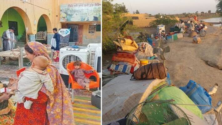 Devastating floods in Pakistan, Hindu families helping Muslim families, shelter in temple kpa Devastating floods in Pakistan, Hindu families helping Muslim families, shelter in temple kpa