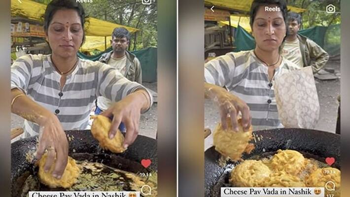 woman in street food stall dips her fingers in hot oil while preparing snack woman in street food stall dips her fingers in hot oil while preparing snack