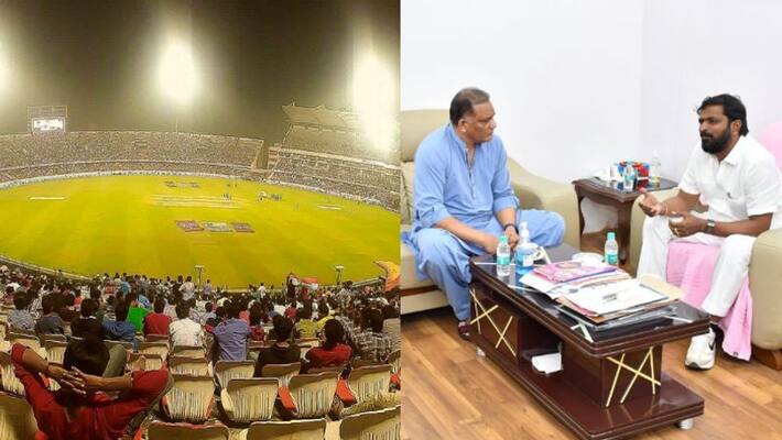 HCA President Mohammed Azharuddin Met Telangana's Minister Srinivas Goud, Seeks Help For IND vs AUS T20I HCA President Mohammed Azharuddin Met Telangana's Minister Srinivas Goud, Seeks Help For IND vs AUS T20I