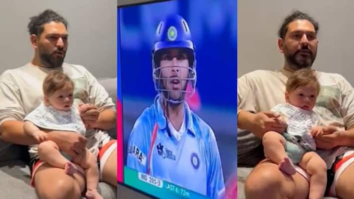Former Indian Cricketer Yuvraj Singh singh watch his six sixes innings in T20 World Cup 2022 with his son spb Former Indian Cricketer Yuvraj Singh singh watch his six sixes innings in T20 World Cup 2022 with his son spb