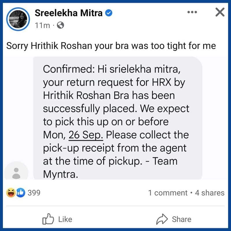 श्रीलेखा मित्रा ने ऋतिक रोशन ब्रा के बारे में एक मजेदार पोस्ट किया bRD
