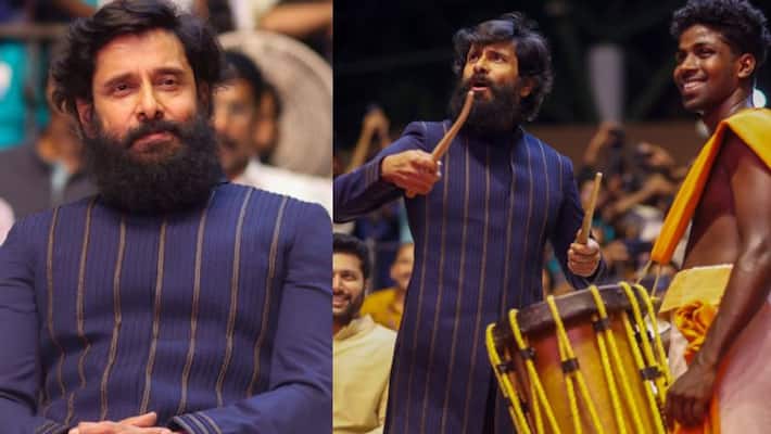 chiyaan vikram's chenda melam performance during ponniyin selvan Promotion in kerala viral video chiyaan vikram's chenda melam performance during ponniyin selvan Promotion in kerala viral video