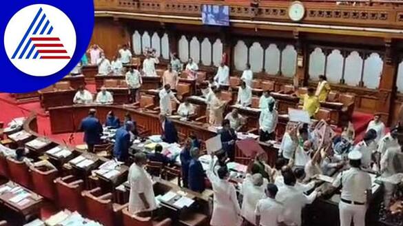 paycm posters uproar in karnataka assembly council protest and creat hydrama by congress gvd