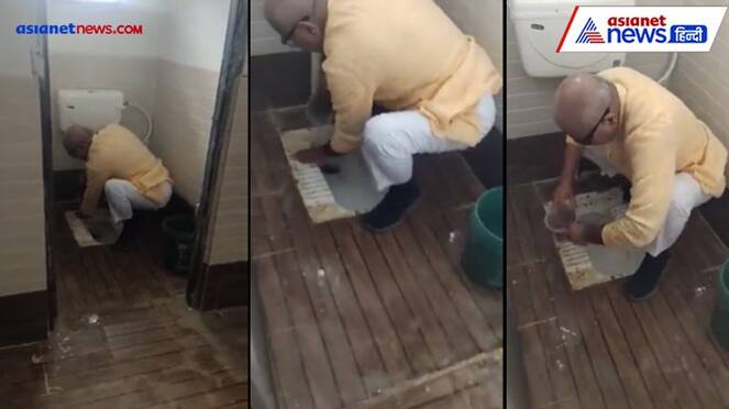 madhya pradesh BJP Rewa MP Janardan Mishra cleans school toilet with his own hands see video 