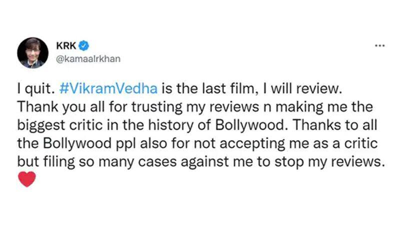 Self-proclaimed critic KRK says i quit Hrithik Roshan and Saif Ali Khan starrer Vikram Vedha will be his last reviewed film AKA