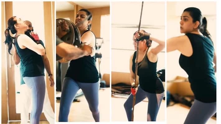 Actress kajal agarwal Kalarippayattu video goes viral in internet Actress kajal agarwal Kalarippayattu video goes viral in internet