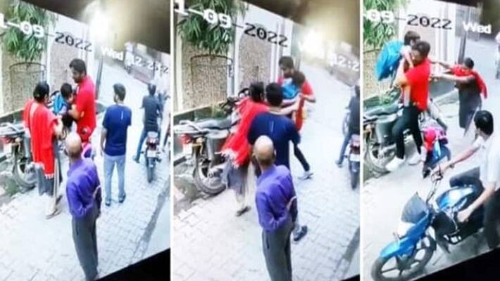 Bareilly High voltage drama between husband and wife regarding child outside school entire matter caught in CCTV Bareilly High voltage drama between husband and wife regarding child outside school entire matter caught in CCTV
