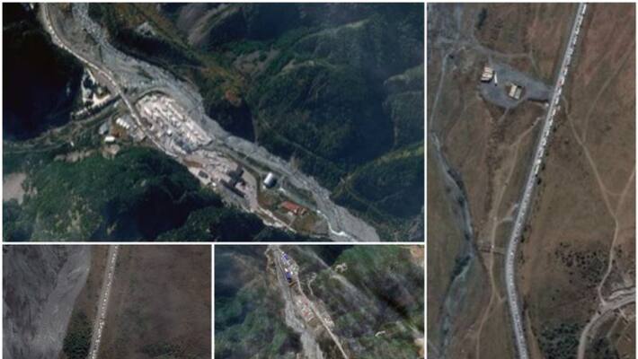 Satellite images of a kilometer long traffic jam on the Russia Georgia border Satellite images of a kilometer long traffic jam on the Russia Georgia border