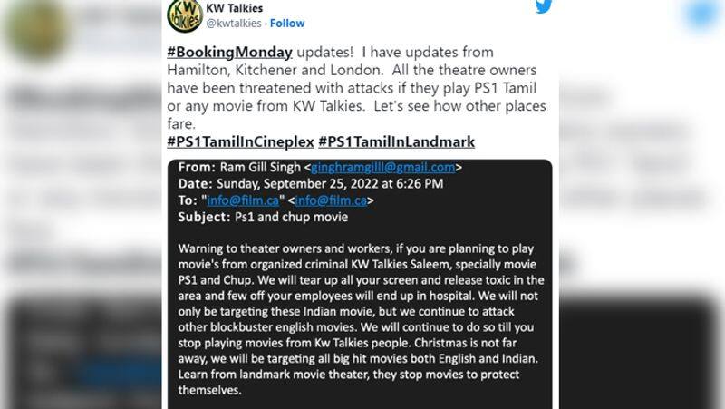 Ponniyin Selvan : Canada Theatre owners receive threats ahead of the film  release GGA