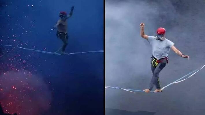 slacklining over active volcano slacklining over active volcano