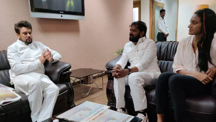 Telangana Minister Srinivas Goud Met Anurag Thakur along With PV Sindhu Telangana Minister Srinivas Goud Met Anurag Thakur along With PV Sindhu