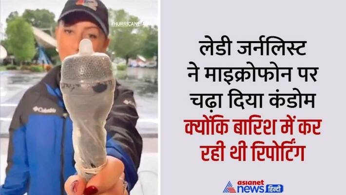 woman journalist put a condom on the microphone to protect it from the rain, Hurricane Ian in Florida kpa woman journalist put a condom on the microphone to protect it from the rain, Hurricane Ian in Florida kpa