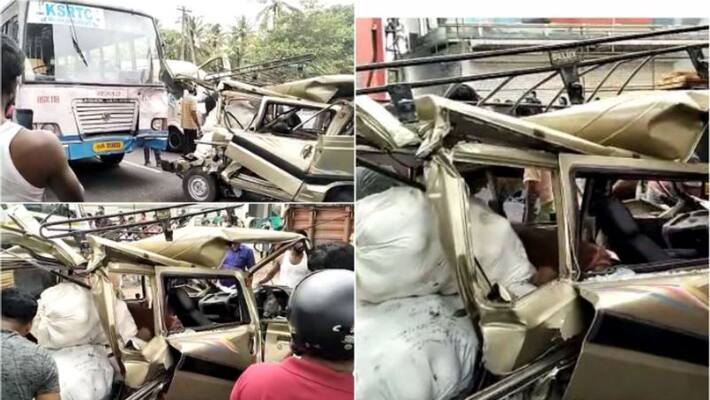 ksrtc bus hit on lorry and omni car in alua ksrtc bus hit on lorry and omni car in alua