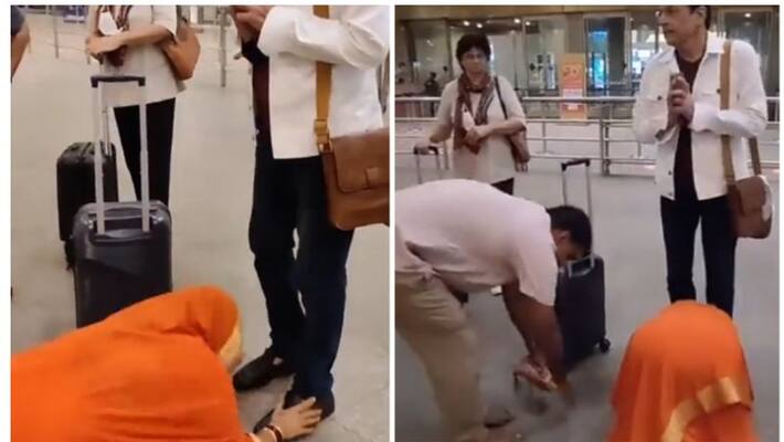 A woman touches feet of lord ram reel life arun govil in a viral video A woman touches feet of lord ram reel life arun govil in a viral video