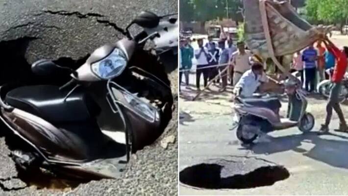 Honda Activa scooter falls into massive pothole at Rajasthan Honda Activa scooter falls into massive pothole at Rajasthan