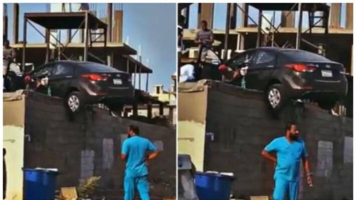 A car crashed on to the top of wall in Jeddah Saudi Arabia A car crashed on to the top of wall in Jeddah Saudi Arabia