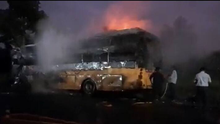 Private bus caught fire on Araku Ghat road Private bus caught fire on Araku Ghat road
