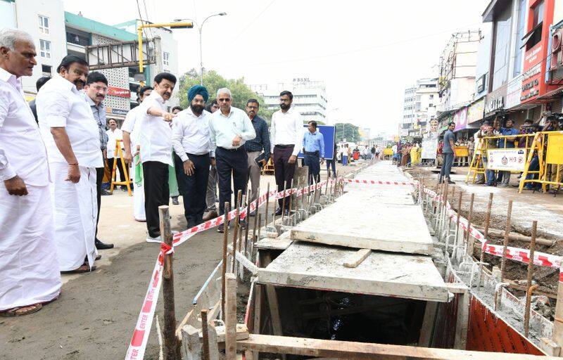 Minister E V Velu visited the construction of rain water drainage system in Chennai
