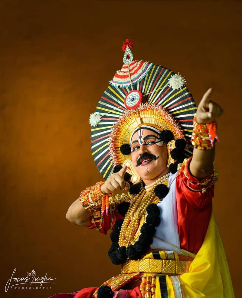 Ramesh Arvind poses in Karnataka folk dance drama art Yakshagana vcs