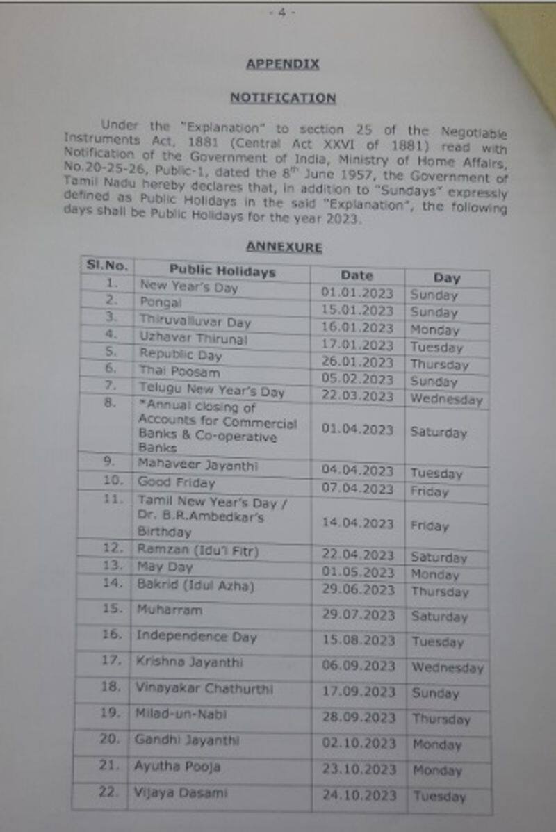 Tamil Nadu Government public holidays 2023; gazette released