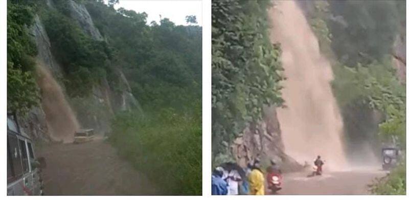 Traffic has been blocked due to a sudden waterfall on Bodi Mettu Road